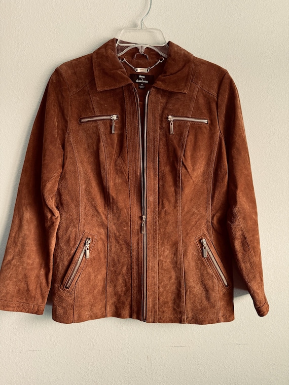 ブラウンフェイクスエードジャケット：フェイクファーカラー