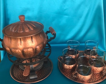 Hammered Copper Chafing Dish with Heater 5 Cup Holders and 5 Glasses