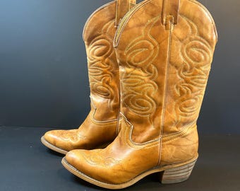 Bottes Western Vintage 70s Texas - Cuir Marron Incrustations Florales - Taille 7.5 M