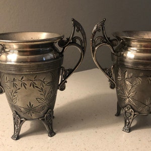 Vintage Silverplate Cream & Sugar Set | Etched Floral Design | Fancy Footed #2017 | 6.5” Elegant Table Decor or Collector Gift