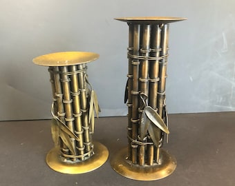 Vintage Brass Bamboo Candle Holders: MCM Asian Decor, Pair 6.5" & 8"