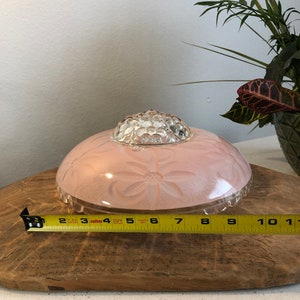 Puede incluir: Una l&aacute;mpara de techo de cristal rosa con una c&uacute;pula de cristal transparente y un dise&ntilde;o floral. La l&aacute;mpara tiene un di&aacute;metro de 15 cm.