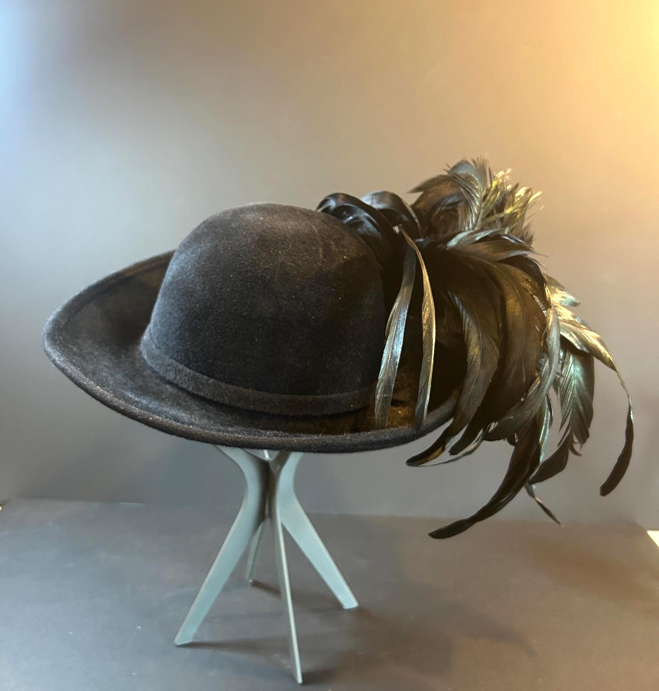 Vintage Jack McConnell, King of Millinery, feathered hat, black with asymmetrica Authentic Jack Mcconnell Feather Hat: Black Velour Wide Brim  main image 3