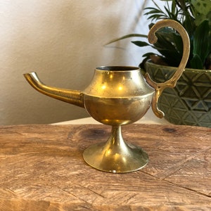 Vintage Indian Brass Pitcher – Small Genie-Style Ewer with Handle – Ornate Etched Vase – Boho Shelf Decor – Middle Eastern-Inspired Accent