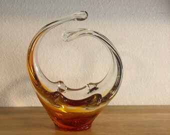 Hand Blown Art Glass Bowl: Red & Orange Swirl Centerpiece (7.5")