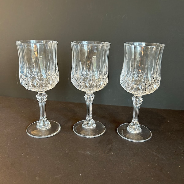 Set of 3 Cristal d'Arques Longchamps Wine Goblets - Elegant French Cut Crystal Stemware, 7.25'' - Vintage Barware