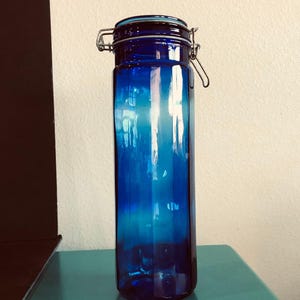 Vintage 13" Blue Glass Clamp Jar with Lid | Tall Cobalt Storage Canister | Kitchen Pantry Decor | Airtight Container
