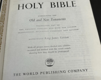 Sacra Bibbia, edizione con lettere rosse, dizionario delle concordanze, World Publishing, rilegato in pelle nera con oro, 1974