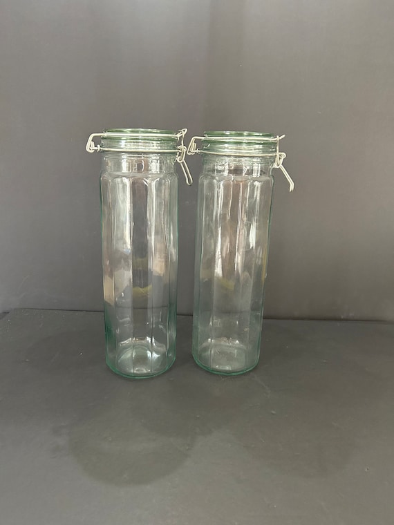 Ribbed Clamped Lid Sealing Tall Storage Jars Vintage 