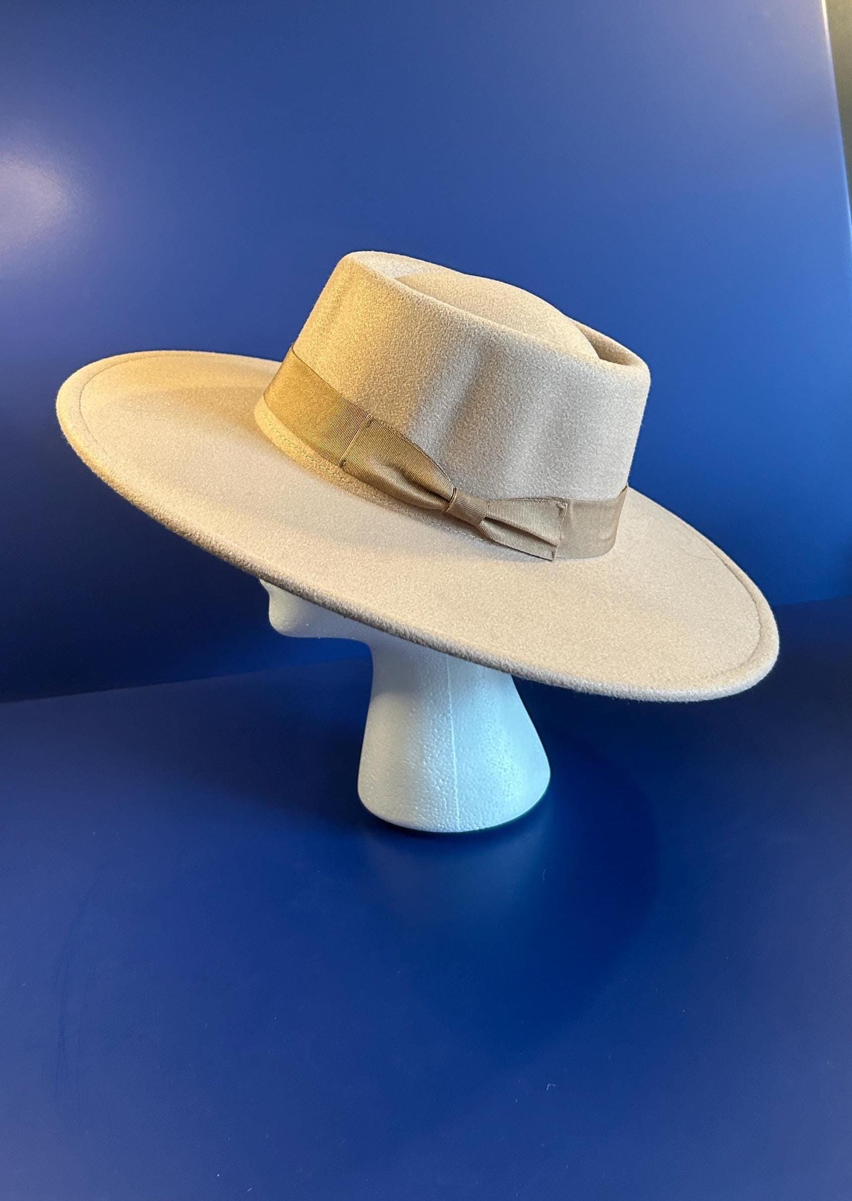 Beige Wide Brim Rancher Hat: Boho Western Fedora, Vegan Felt 