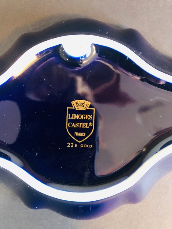 Vintage Limoges Castel Cobalt Blue Pin Dish: 22K Gold Rococo