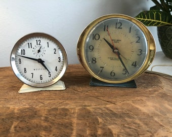 Two Westclox Clocks Wind Up Vintage Night Stand Clock Blue Green Electric Clock