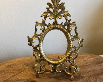 Ornate Small Brass Frame with Attached Brass Stand, Dark Academia Decor