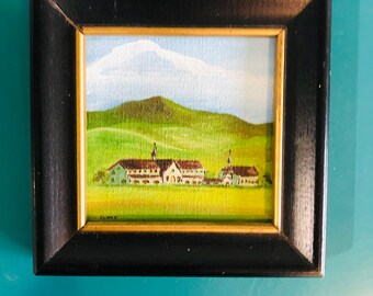 Miniature Framed Original Painting on Canvas signed by Elone, 4 inches by 4 inches, Cottage Core Wall Decor, Wall art, Wall hanging