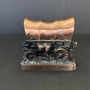 Vintage Banthrico Covered Wagon Bank – Cast Metal Coin Bank – Catron County Bank NM – Bronze Finish USA Made 4.5&quot;x4.5&quot;x3