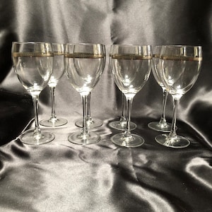 Vintage Silver Banded Wine Glasses – Set of 8 Elegant Stemware with Leaf Design – Mid-Century Barware