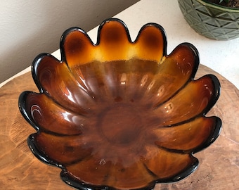 Large Unique Vintage Amber Glass Bowl, Eclectic table settings, Colored glass dish