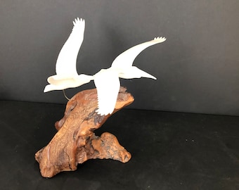 John Perry Two Pelicans in Flight Art Burl Wood Sculpture