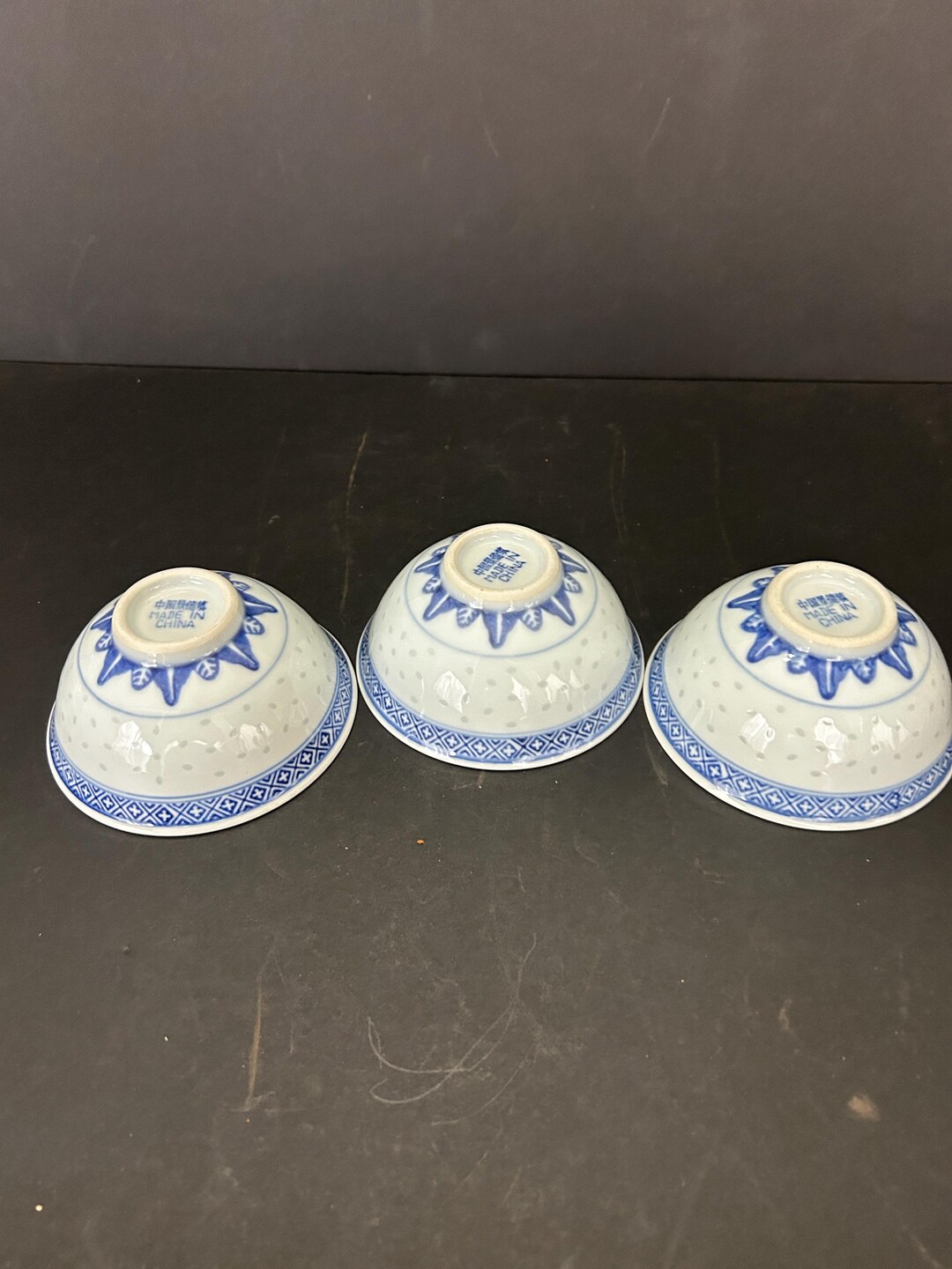 Set of Three Chinese Porcelain Blue & White Rice Bowls Dragon and ...