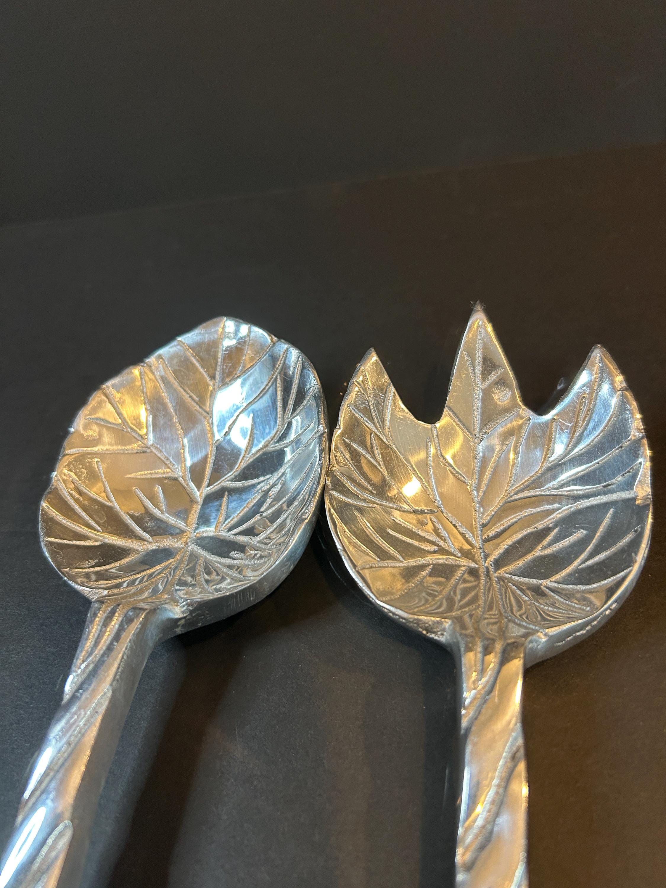 Vintage Leaf Salad Servers Set: Handcrafted Aluminum Utensils