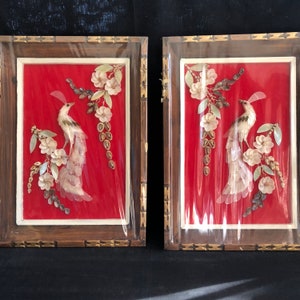 Vintage Abalone Shell Peacock Framed Art Set | 3-D Bird & Flower | Thai Shell Art | Red Velvet Background | Excellent Condition