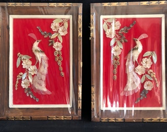 Vintage Abalone Shell Peacock Framed Art Set | 3-D Bird & Flower | Thai Shell Art | Red Velvet Background | Excellent Condition