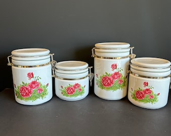 Vintage Rose Pattern Kitchen Canisters, Set of 4, Ceramic Storage Jars with Clamps