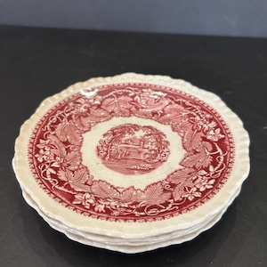 Vintage Masons Patent Ironstone Vista Red and White England Bread Plate Set of 4 No chips Some Crazing