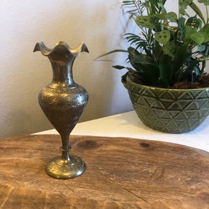 Vintage Brass Vase | Etched Floral Design | 8-Inch Scalloped Rim | Boho Home Decor | Antique Brass Bud Vase | Indian Brass Vase