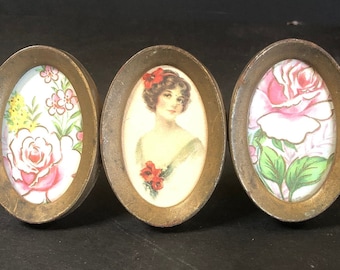 Vintage Brass Tone Oval Frames, Floral Portrait Inserts, Victorian Style Decor