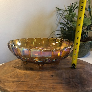 Vintage Amber Carnival Glass Bowl – Large Iridescent Footed Fruit Bowl, Grape & Leaf Pattern, Mid-Century Glassware