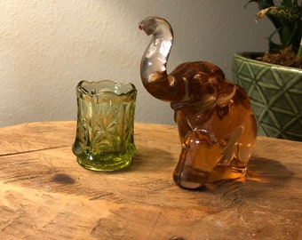 Vintage Imperial Glass Pink Elephant and Green Toothpick holder