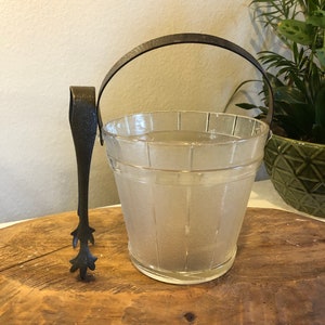 Vintage Glass Ice Bucket with Hammered Metal Handle & Tongs | Mid-Century Barware | Retro Cocktail Party Decor
