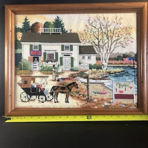 Vintage Framed Needlepoint Art – Original Floral Embroidery in Wood Frame – Cottagecore Wall Hanging – 1970s Handmade Textile Décor