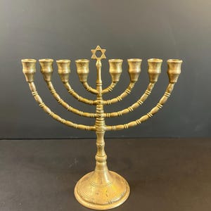 Antique Brass Menorah – Heavy Jewish Chanukah Candle Holder with Shamash – 9.25” Vintage Judaica