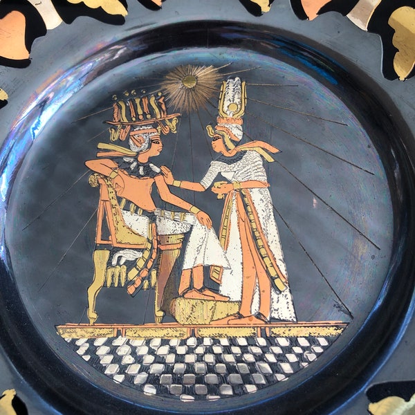 Vintage Egyptian or Greek Scene Etched on Metal Plate with Brass and Copper