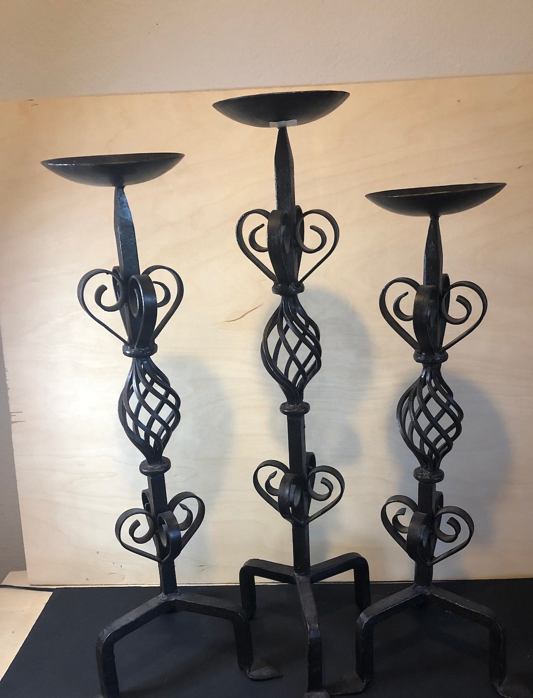Three Heavy Wrought Iron Pillar Candle Holders 21 Etsy