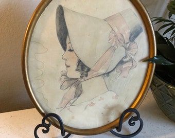 Antique Original Signé Fusain et Aquarelle Femme avec Bonnet 1907, Ovale Encadré Art, Cottage Core