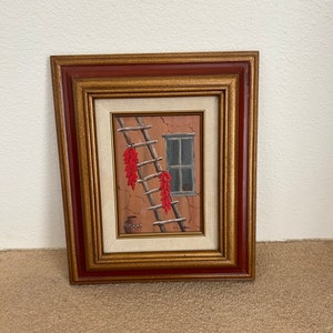 Original 1980s Southwestern Oil Painting by F.L. Ninn | Chile Ristras & Ladder Scene | Framed Wall Art | Rustic Decor | 5x7 Vintage Art