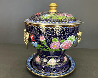 Bruciatore di carbone cinese cloisonné con coperchio e inserto – Braciere per incenso floreale in ottone – Porta incenso in smalto blu vintage