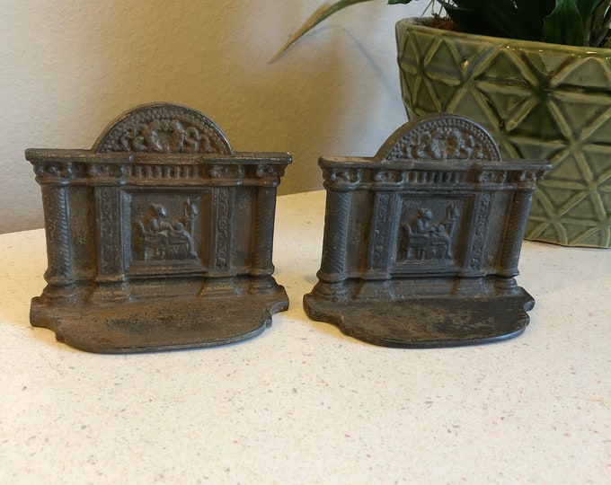 Cast Iron Bookends of Sewing Lady in Shop or Person in Library, Vintage Bookends