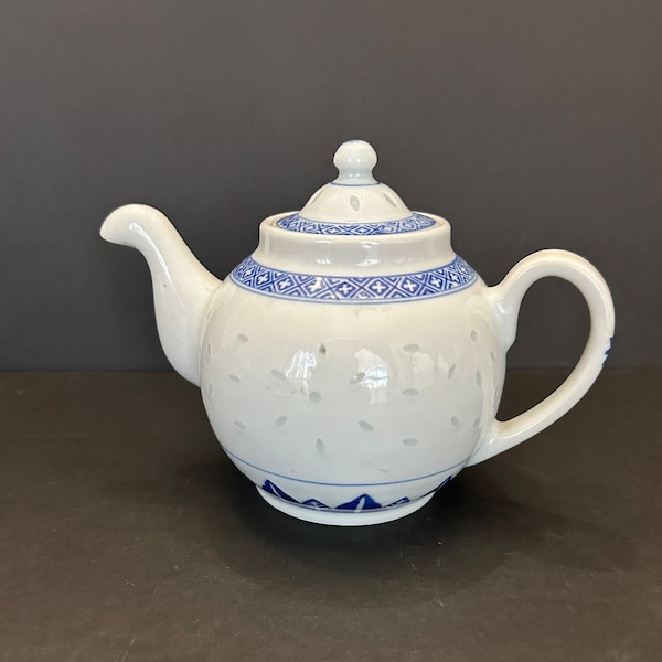 Vintage Chinese Rice Grain Blue and White Porcelain Teapot See Through Opaque Grains of Rice