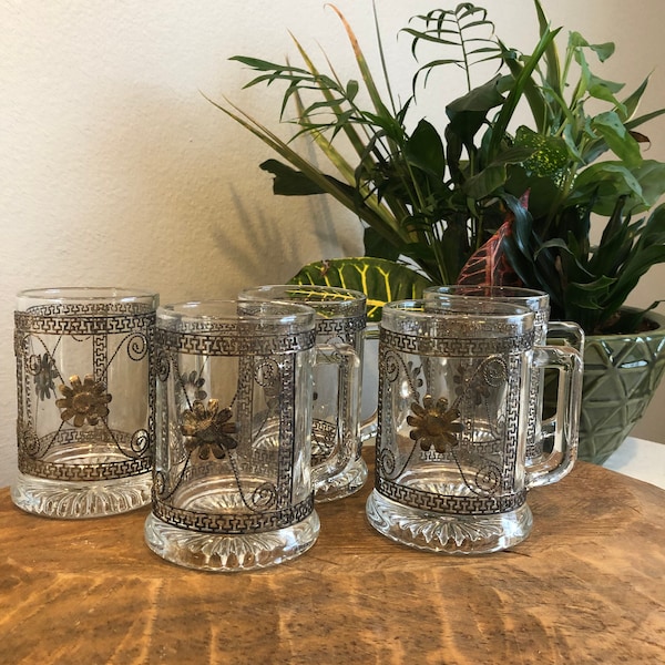 Ornate Glass Mugs with Silver Wrapped Around Them Set of 5