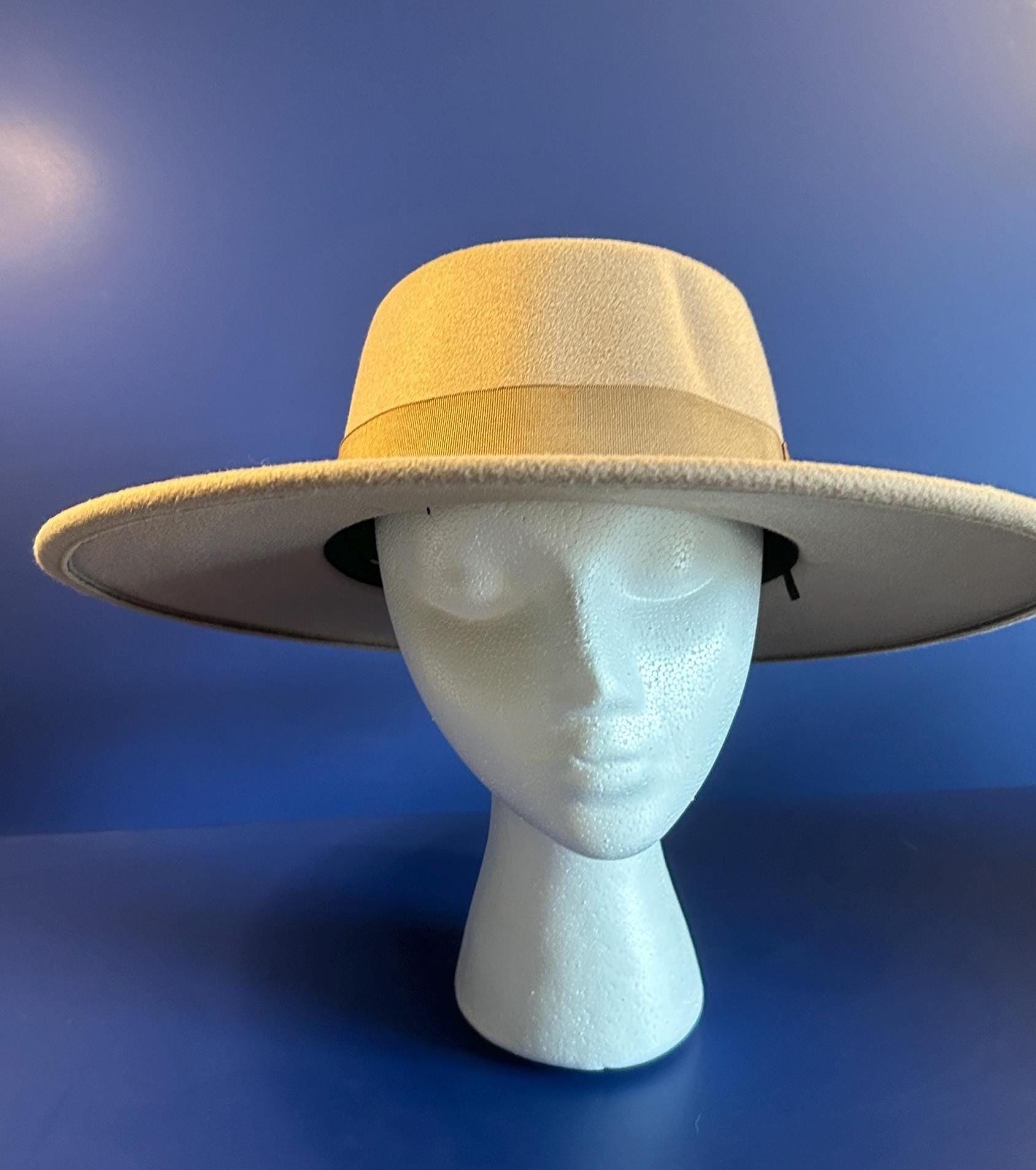 Beige Wide Brim Rancher Hat: Boho Western Fedora, Vegan Felt  display picture 3