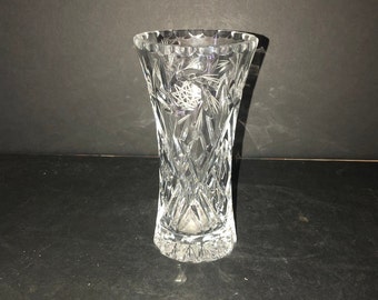 Brilliant and Elegant Cut Lead Crystal Vase with Etched Pin Wheels Heavy and Well Made