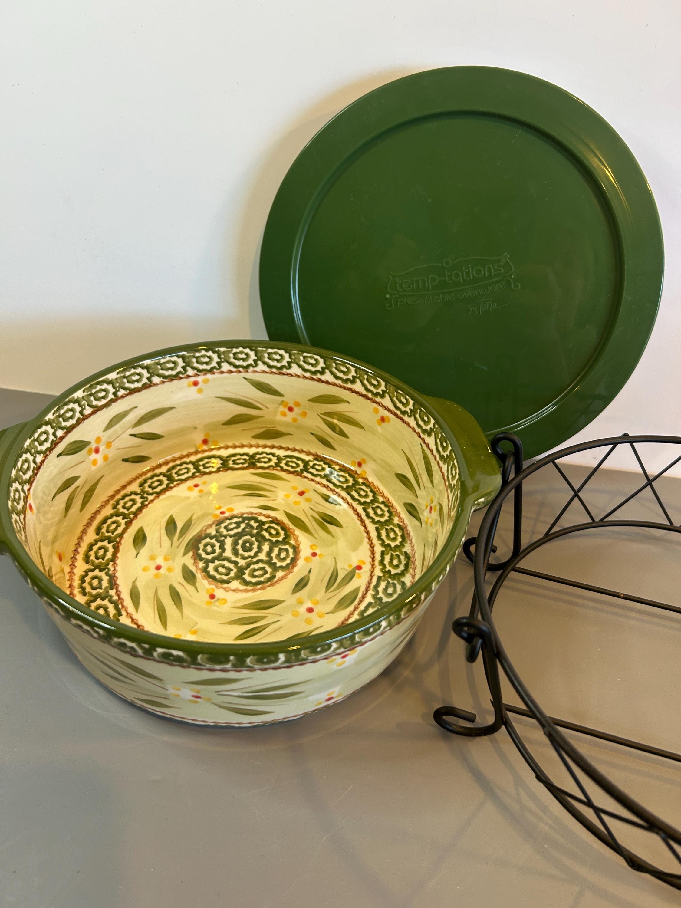 Temp-tations 2 Quart Baking Dish – Green Old World by Tara – 3-Piece Set with Lid & Rack