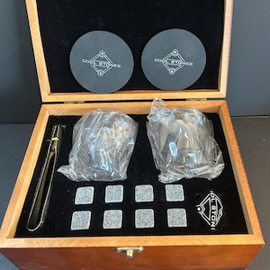Whiskey Glass Gift Set: Granite Chilling Stones, Coasters, Wood Box