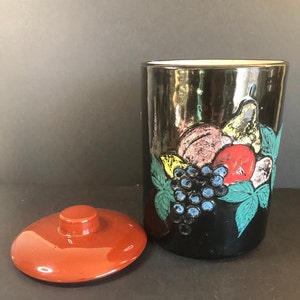 Vintage USA Stoneware Fruit Motif Canister with Lid, 10-Inch Tall Black Ceramic Jar, Hand-Painted Kitchen Storage Decor
