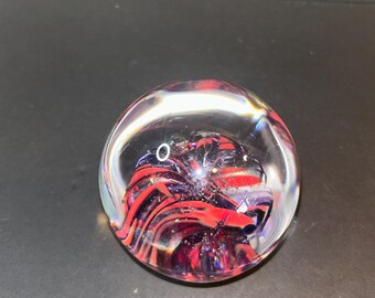 Hand-Blown Art Glass Paperweight – Red Purple Swirl, Studio Glass Orb