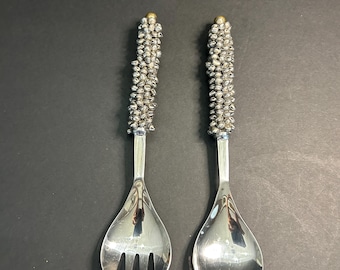 Cucchiaio da portata e forchetta-cucchiaio in acciaio inossidabile intrecciati vintage unici, manici a forma di campanelle piccole, ben fatti e ottima idea regalo